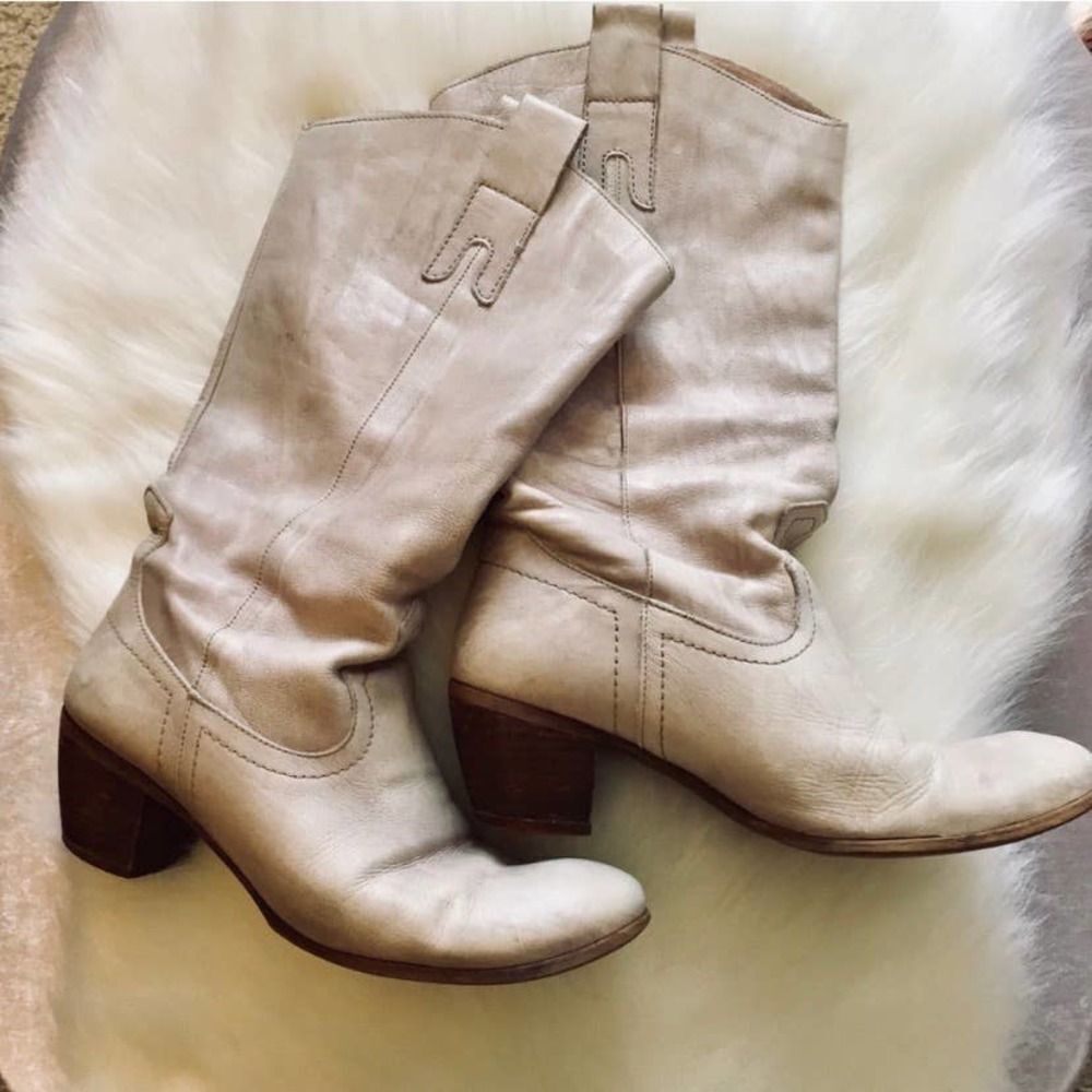 Nine West Beige Taupe Soft Leather Cowboy Boots - Picture 1 of 2